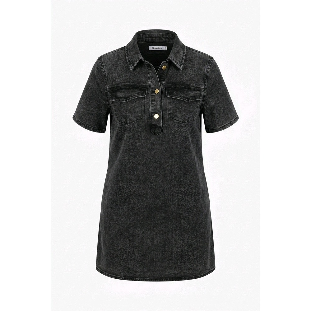 Wenrine Charcoal Grey Short Sleeve Denim Shirt Dress with Pockets Women's Small - Picture 2 of 10